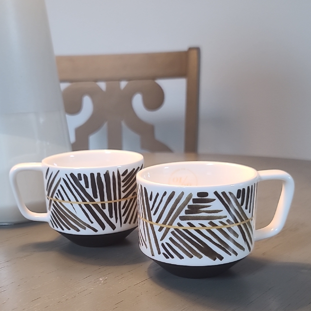Starbucks White Ceramic Mugs with Brown Brushstroke and Gold Band - Set of 2